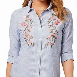 Karen Scott woven embroidered button down cotton shirt blue & white stripes Sz L